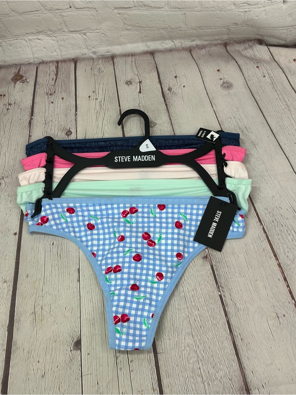 Steve Madden Multicolor Bikini Panty Set - Blue Gingham Cherry coquette